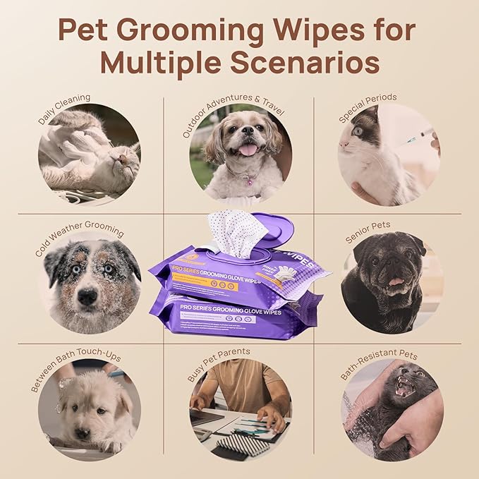 HICC PET Glove Wipes Pro Series for Dogs & Cats, Extra Thick Dual-Textured Grooming Wipes, Rinse-Free Shampoo Mittens for Quick Cleaning & Deodorizing, Perfect Between Baths, Travel