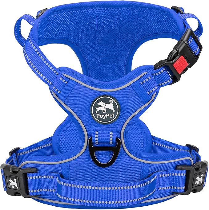 PoyPet No Pull Dog Harness, Reflective Vest with 2 Leash Clips & Handle | Lockable Neck Release Buckle, No Choke, Adjustable, Soft Padded, for Walking Training, Royal Blue, X-Small