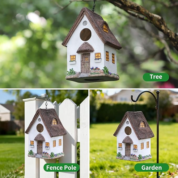 Bird Houses for Outside Rustic Cottage Birdhouse with Thatch Roof – Hand-Painted Resin Birdhouses for Outdoors for Bluebird Finches Cardinals Bird Nesting Garden, Patio, Yard