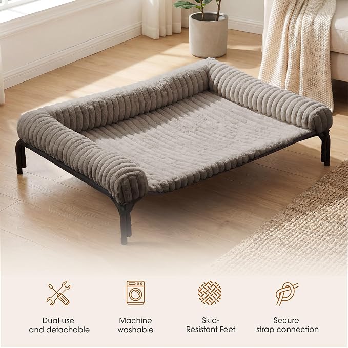Czpalo Elevated Dog Bed with Removable Bolster Cushion Mat, Raised Pet Cot for Extra Large Sized Dogs with Breathable & Washable Mesh, Indoor & Outdoor Pet Hammock with Skid-Resistant Feet.