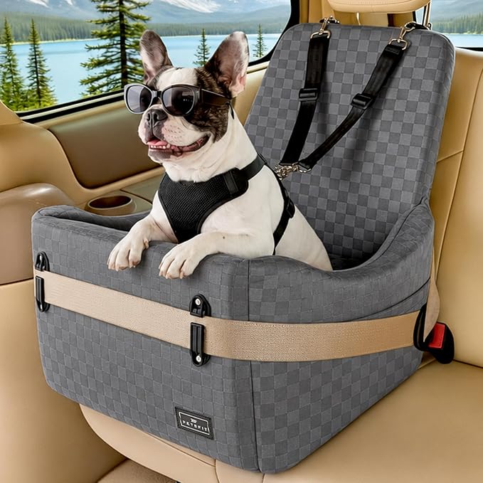 PETSFIT Pet Car Seat with Patented Safety System, 5" Elevated Cushion | Fully Detachable Washable Cover, Memory Foam Dog Booster Car Seat for Small/Medium Dogs Up to 35 Lbs with Safety Belt
