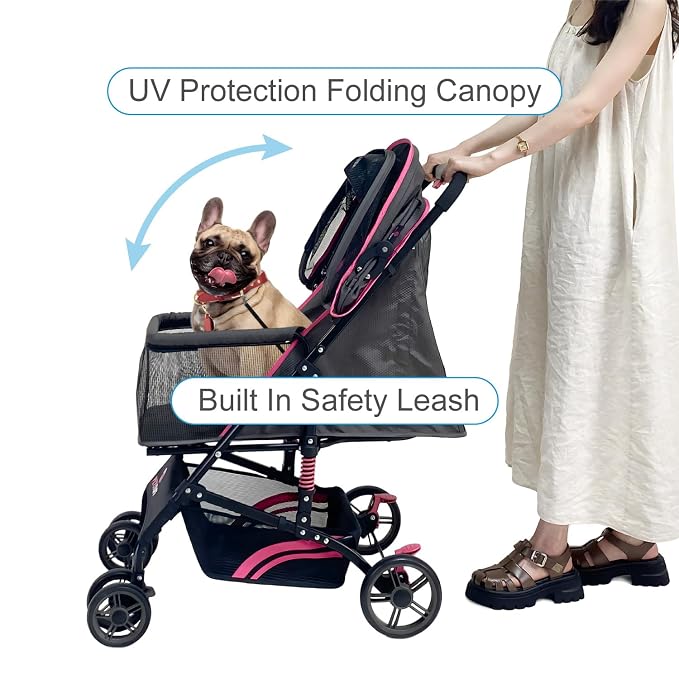 22” Buddy Buggies Foldable Pet Stroller - Shock Absorbing Frame with Storage - Machine Washable Fabric - Durable Mesh & UV Protected Retractable Canopy - Cat & Dog Stroller Up to 30lb