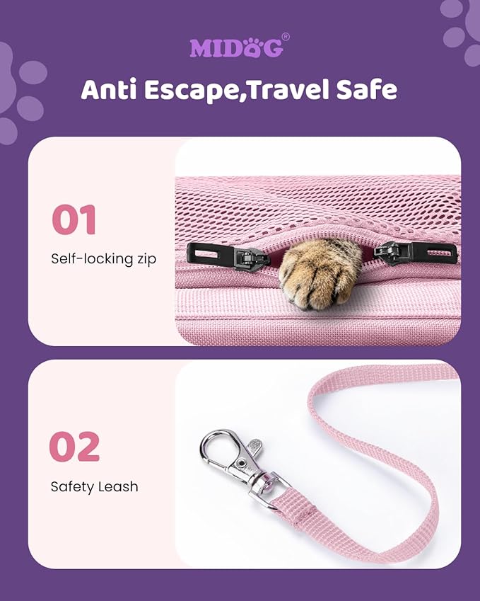 MIDOG Cat Carrier Soft for Small-Medium Cats Up to 15lbs, Airline Approved | Expandable Square Design,Comfort & Breathable Window,Equipped with anti-slip lock zippers and an internal safety leash