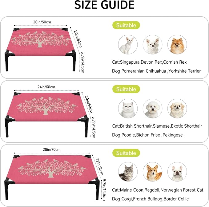 Outdoor Elevated Dog Bed for Large Dogs, Black Tree Breathable Cooling Raised Dog Cot for Indoor/Outdoor, Birds Vintage Farmhouse Pink Waterproof Elevated Pet Beds, L 28 x 22 in