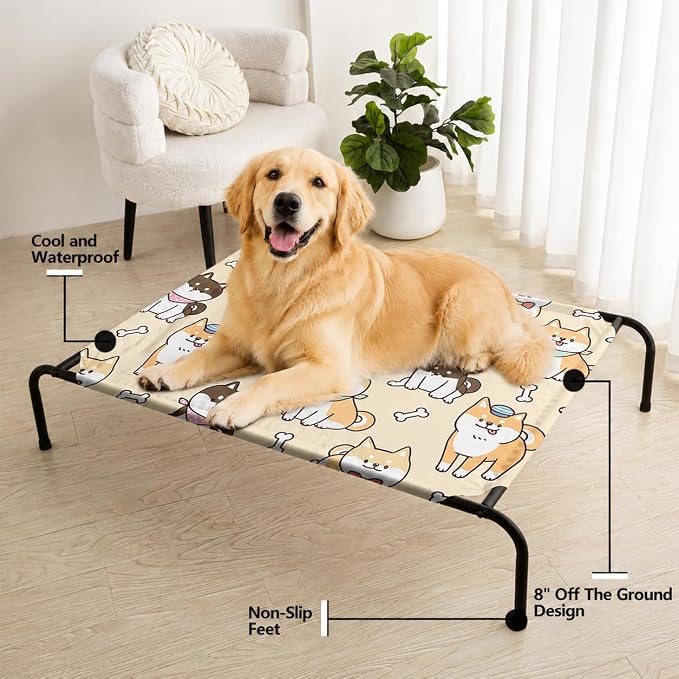 Cartoon Yellow Dog Bone Pattern Orthopedic Elevated Dog Pet Bed (35"X25"X8"),with Metal Frame,Breathable Waterproof Dog Kennel,Sleeping Bed for Small Medium Large Dogs Cats,for Home,Outdoor Use
