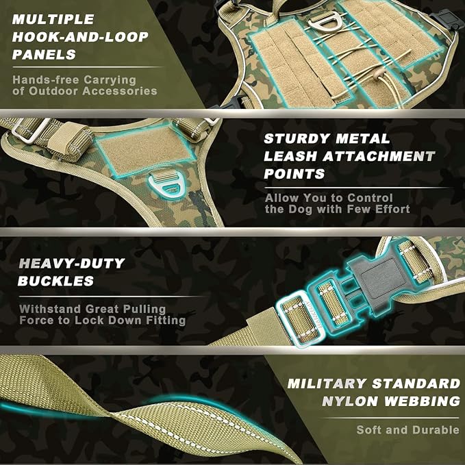 Tactical Dog Harness Large,Military Service Weighted Dog Vest Harness Working Dog MOLLE Vest with Loop Panels,No-Pull Training Harness with Leash Clips for Walking Hiking Hunting(Camo,XL)