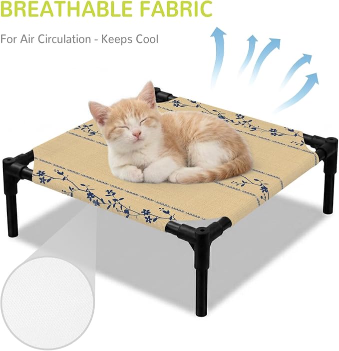 Outdoor Elevated Dog Bed for Small Dogs, Khaki Flower Branch Breathable Cooling Raised Dog Cot for Indoor/Outdoor, Spring Summer Farmhouse Botanical Waterproof Elevated Pet Beds, S 20 x 20 in
