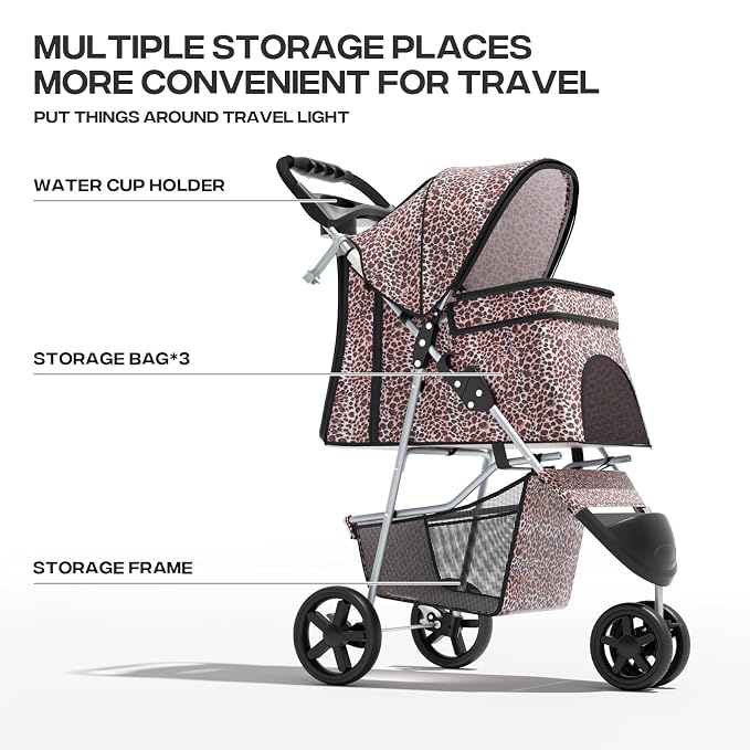 Pet Stroller for Small Dogs 10 lbs, Dog Stroller for Medium Dogs 30 lbs, Cat Strollers for 2 Cats, 3 Wheels Foldable Jogger Puppy Stroller with Storage Basket and Cup Holder, Leopard Print
