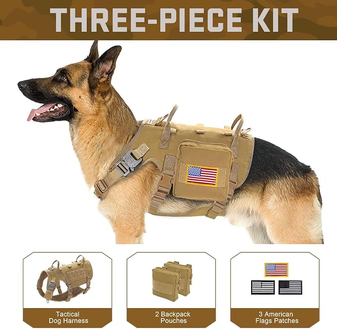 Forestpaw Tactical Dog Harness Pouches and Patches Set,S,Brown | Adjustable Fits 17-25" Chest,20-35 lbs,No Pull Military Style Service Dog Vest for Daily Walking Training,Medium Dogs