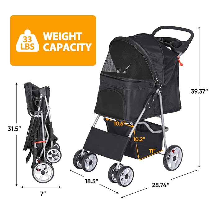 Pet Stroller for Dogs, Black 4 Wheels Cat Strolling Cart Foldable Travel Carrier, Waterproof Puppy Jogger Stroller with Storage Basket & Cup Holder