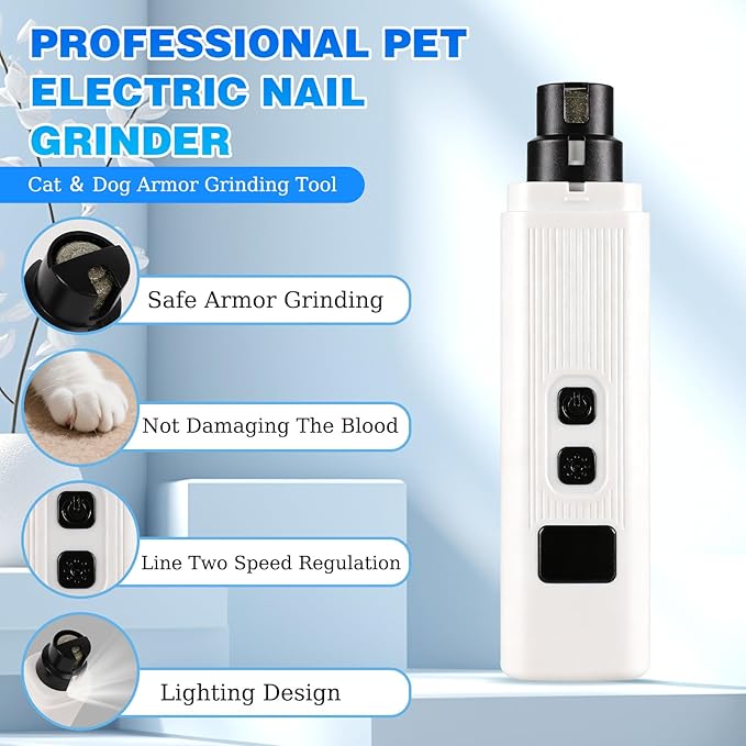 Cat Nail - Safe Cut Cat Nail Trimmer with Three Grinding Heads, Pet Nail Clippers with Light, Two Adjustable with 360° Grinding Settings, Ultra-Quiet, for All Cats ＆ Dogs (Black)
