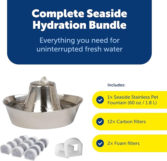 PetSafe Seaside Stainless Cat & Dog Fountain - Carbon and Foam Filters & 1 Pump Included, Tower Creates Soothing Flow for Pets, Scratch-and Rust-Resistant Material Inhibits Pet Acne, 60 Oz