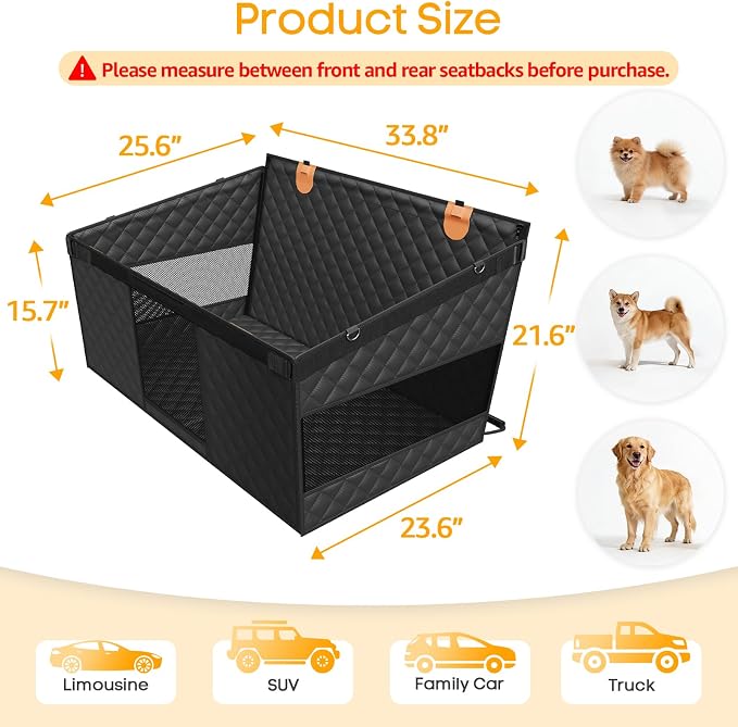 PETICON Large Dog Car Seat, Back Seat Extender for Dogs with Hard Bottom | Waterproof Medium Carseat for Dogs with 3 Mesh Windows, Pet Seat Cover for Cars, Trucks and SUVs