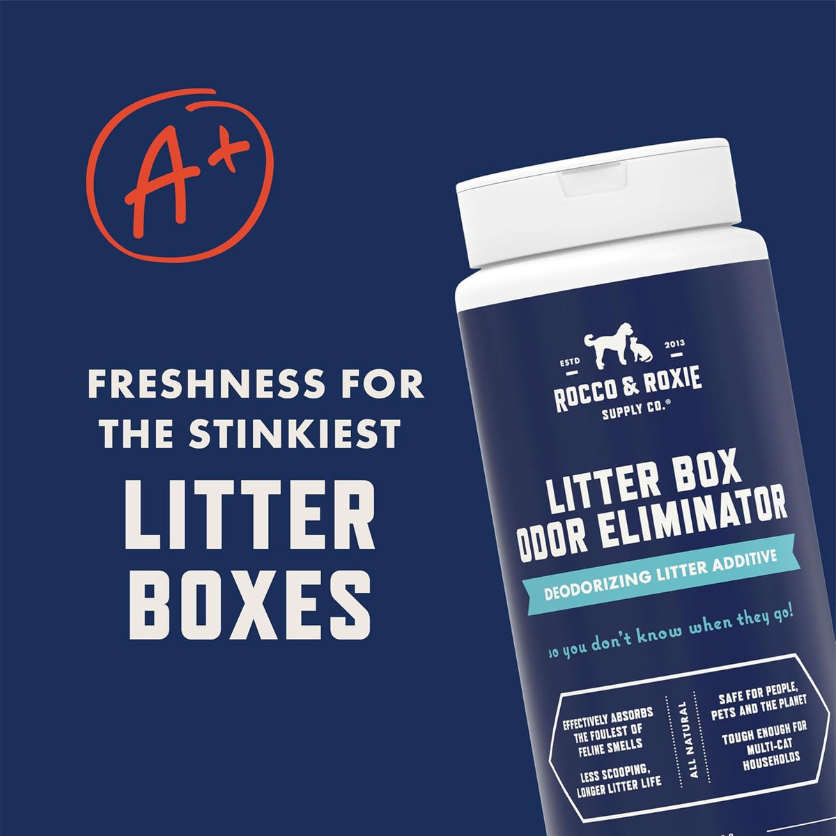 Rocco & Roxie Litter Box Odor Eliminator, Best Natural Urine Deodorizer for Cat Litter Boxes Cats Smell Control, Odor Absorber, Safe for Kitty, 12 oz