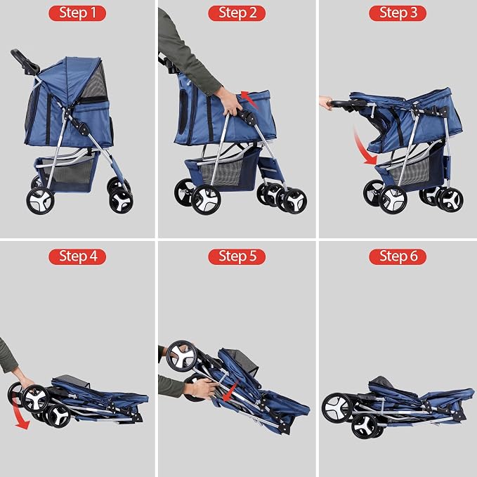 4 Wheels Dog Stroller Folding Pet Strolling Cart for Small Medium Cats Puppies Portable Jogger Travel Camping Puppy Carrier with Storage Basket Cup Holder, Navy Blue