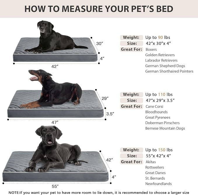 WNPETHOME Orthopedic XXL Dog Beds for Large Senior Dog Bed Comfy Sleeping | XXL Washable Waterproof Dogs Bed with Removable Cover, Multi-Needle Quilting Dogs Crate Bed for Relax ,Grey 55x42 Inch