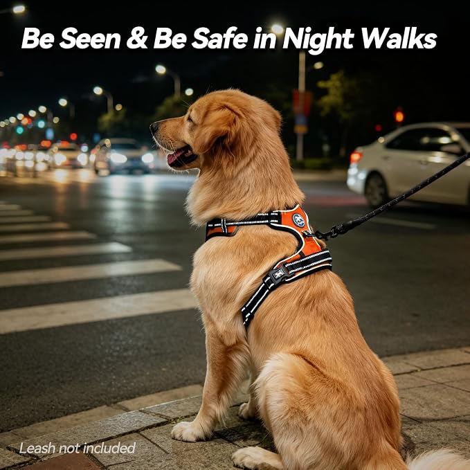 PoyPet No Pull Dog Harness Medium with Front Clip & Neck Release Buckle | No Choke, Adjustable Vest, Reflective, Back Clip, Lockable, Soft Padded, Easy Control Handle for Walking Training, M, Orange
