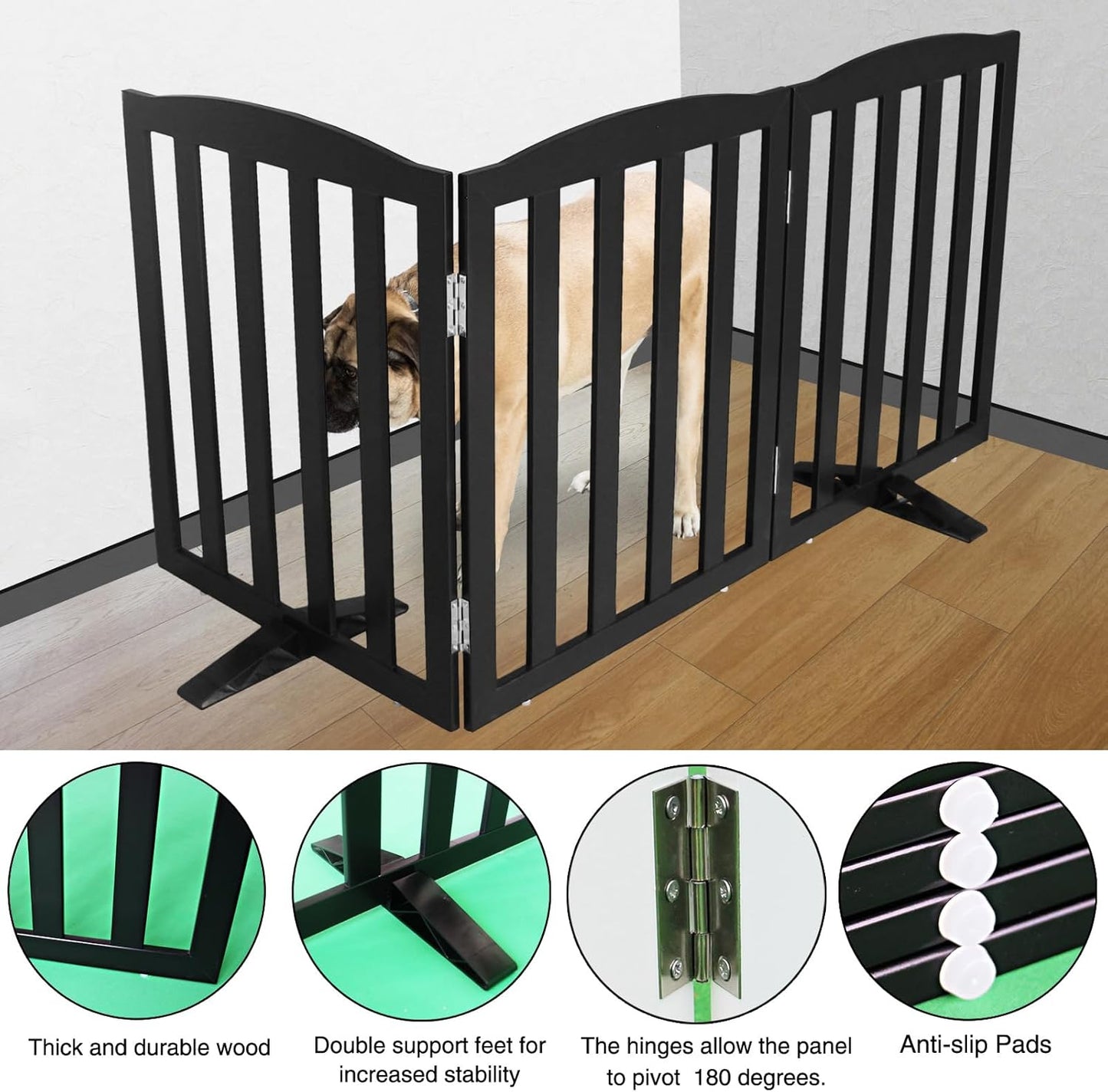 ZJSF Foldable Freestanding Indoor Dog Gate for House Wood Long Pet Gates Dog Fence for Stairs Puppy Gates for Hallways, Puppy Gate,Support Feet Included, Black, 24 "Height-3 Panels