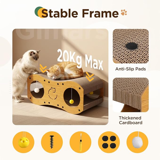 Gimars Cat Scratchers, Bridge Shaped Cardboard Cat Scratcher & Curved Lounge Bed with Toy Balls, Hideout Cave Scratch Pad for Cats, Furniture Protector, Cat Scratchers for Indoor Cats