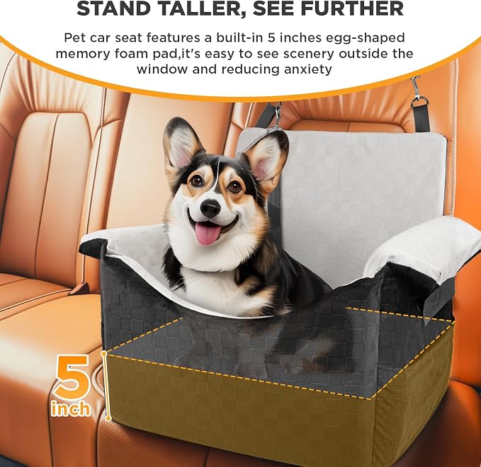 BONTHEE Elevated Dog Car Seat for Small Medium Dogs Under 30 lbs, Memory Foam Elevated Booster Seat with Headrests Support, Travel-Safe Car Bed with Detachable Washable Cover & Safety Belt