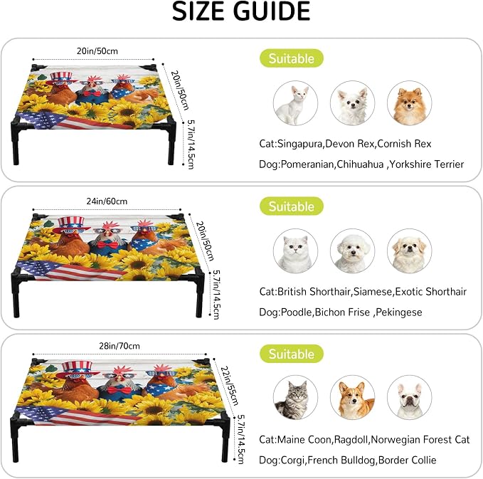 Outdoor Elevated Dog Bed for Small Dogs, Sunflower Independence Day Breathable Cooling Raised Dog Cot for Indoor/Outdoor, 4th of July Rooster Wooden Waterproof Elevated Pet Beds, S 20 x 20 in
