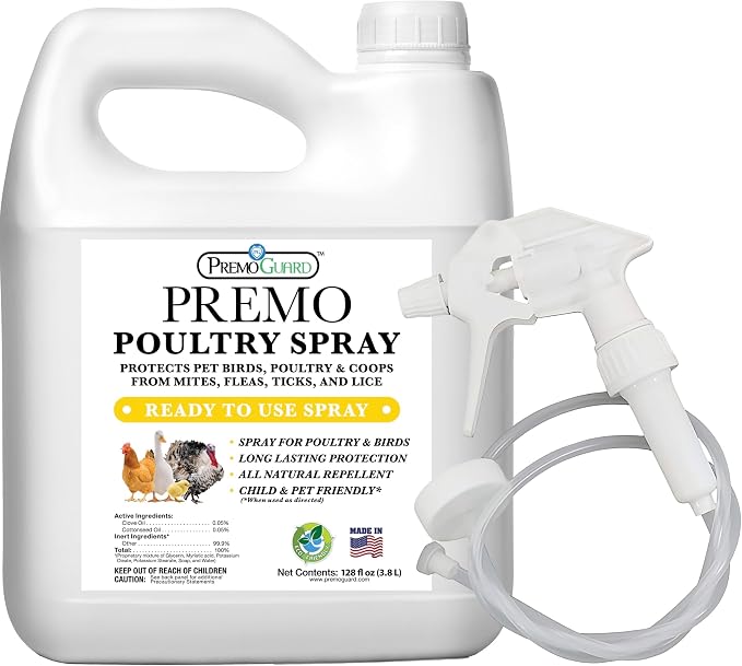 Premo Guard Poultry Spray - 128 oz - Kill Scaly Leg, Mites, Fleas, Lice, & Other Pests on Chickens and in Coops - Natural Plant Based Oils for Control & Prevention - Family Safe with No Egg Withdrawal