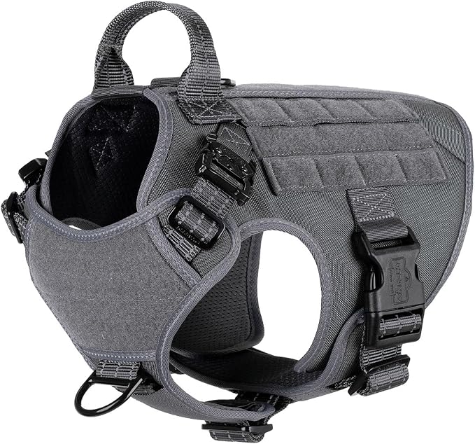ICEFANG Tactical Dog Harness for Medium Dogs,Reflective No Pull Dog Vest | with Control Handle,Adjustable,Front Hook,2 Leash Clips,Soft Padded,MOLLE Panel,Grey,Medium