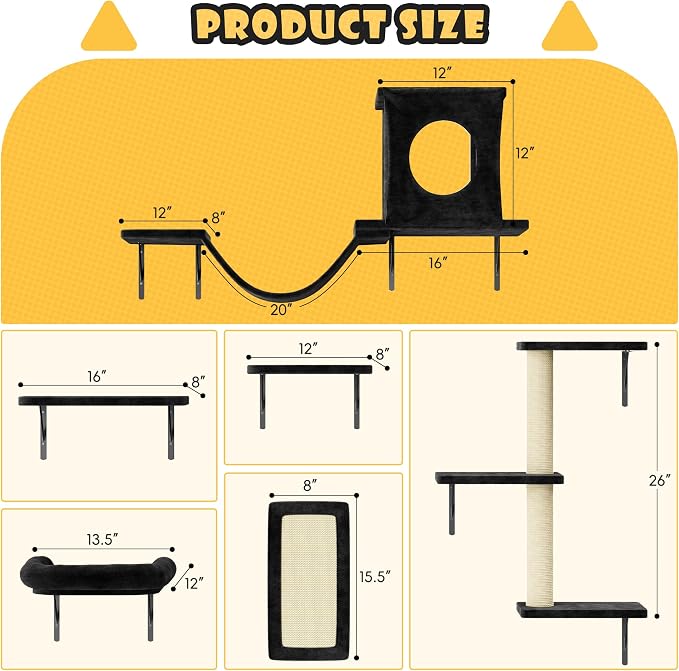 6-in-1 Cat Wall Shelves, Wall Mounted Cat Climber with Condo House, Scratching Post, Bridge Ladder, Space-Saving Indoor Play Furniture for Kittens, Black