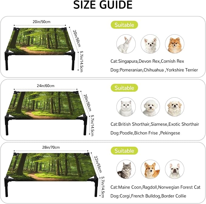 Outdoor Elevated Dog Bed for Large Dogs, Green Forest Breathable Cooling Raised Dog Cot for Indoor/Outdoor, Retro Rustic Natural Scenery Trees Waterproof Elevated Pet Beds, L 28 x 22 in