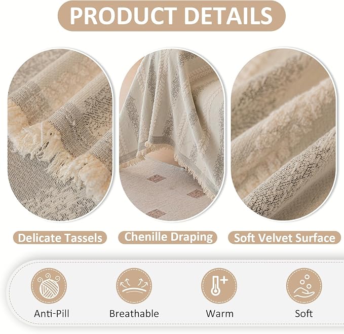 VClife Chenille Sofa Cover Bohemian Striped Pattern Couch Cover for 2 Cushion Sofa - Cream and Gray Textured Sofa Slipcover Washable Furniture Protector for Couch Decorative Couch Cushion Cover