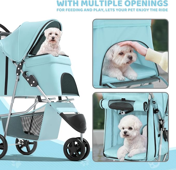 Magshion 3-Wheel Pet Stroller, Foldable Travel Jogger for Small & Medium Dogs & Cats (Up to 33lbs), Lightweight Carrier with Breathable Mesh Cover, Cup Holder & Storage Basket, Mint Green