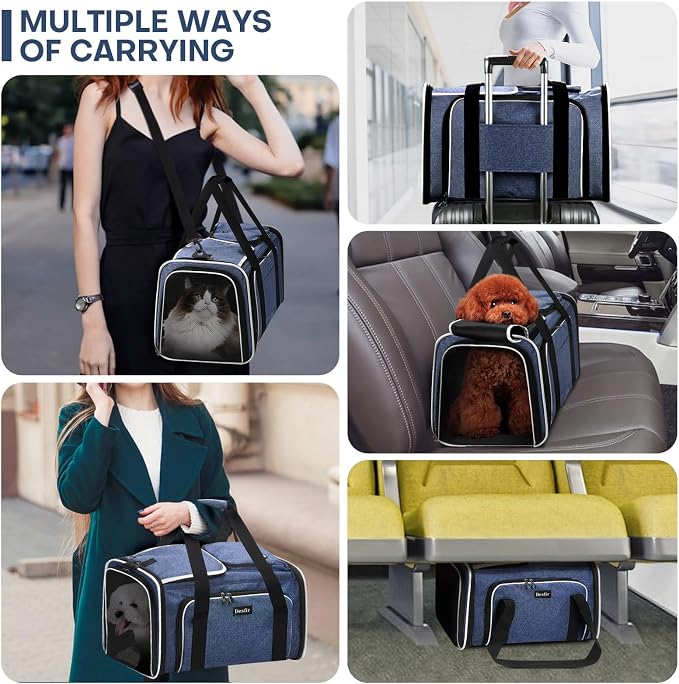 Pet Carrier, Large Soft Sided Expandable Travel Carrier with Steel Frame, Anti-Scratch Mesh, Removable Fleece Pad and Pockets for Cats, Dogs and Small Animals up to 15 lbs (Blue, 4 Sides Expandable)