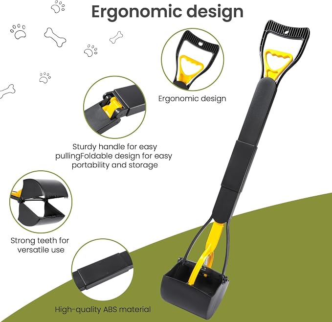 Dog Pooper Scooper 32in - Long Handle with Bag Attachment, Yellow | Made of lightweight ABS plastic. Ideal for large dogs & yard pickup. Includes bag attachment for hands-free cleanup.
