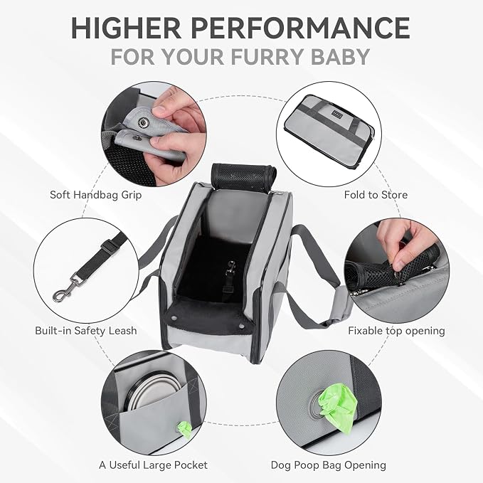 PETSFIT Multipurpose Console Dog Car Seat, Portable Small Dog Car Seat for Dogs, Cat Carrier, Pet Carrier Airline Approved with Safety Tether and Pockets (Light Grey)