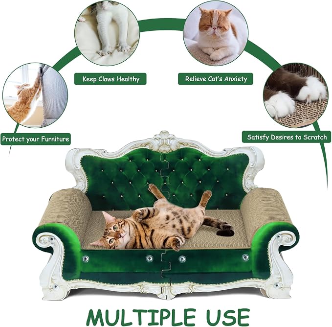 Luxury Cardboard Cat Scratcher Sofa Bed, Couch Shaped Cat Scratching Board, Cat Scratch Lounge with Catnip, Cat Scratcher for Indoor Cats (Green Crown)