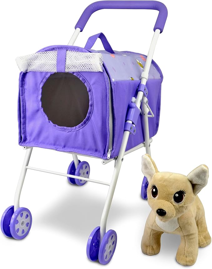 ANIVIA Pet Stroller and Accessories for Kids Ages 3 to 7 Year Olds, Dog Toy for Toddlers, 2 Pieces Play Dog Set, Puppy Party Playset with 1 Pet Puppy Included Purple