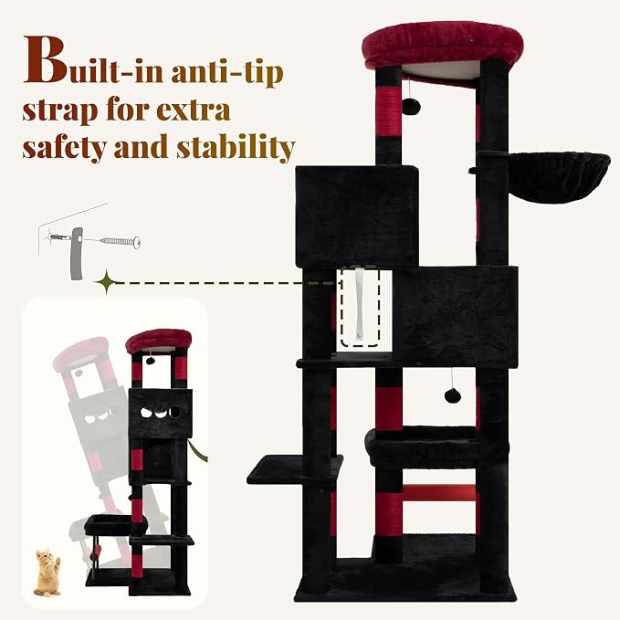 Hey-brother Cat Tree, 68.5 inch Cat Tower with L-Shaped Extended Base, Multi-Level Furniture with 2 Spacious Candos, 2 Platforms, 11 Scratching Posts, Hammock and Toy Ball,Black and Red MPJ086BR
