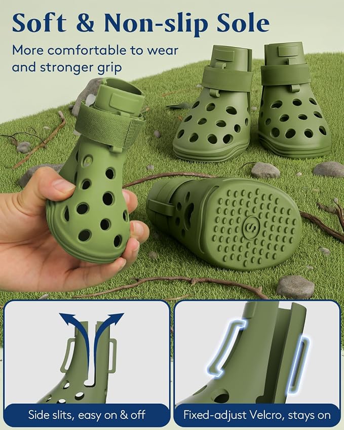 Dog Shoes for Hot Pavement, Breathable Dog Boots Paw Protectors with Adjustable Straps & Non-Slip Sole, Easy On & Off, Waterproof, Easy-Cleaning (Olive Green, M)