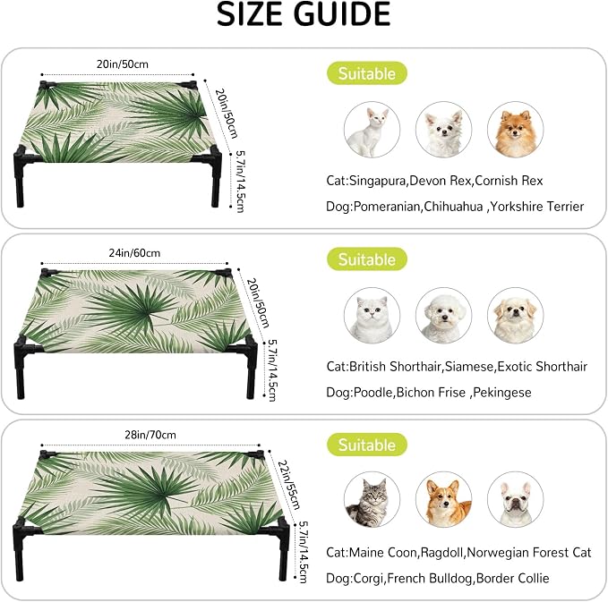 Outdoor Elevated Dog Bed for Large Dogs, Summer Leaves Breathable Cooling Raised Dog Cot for Indoor/Outdoor, Rustic Tropical Palm Leaf Plants Branches Waterproof Elevated Pet Beds, L 28 x 22 in
