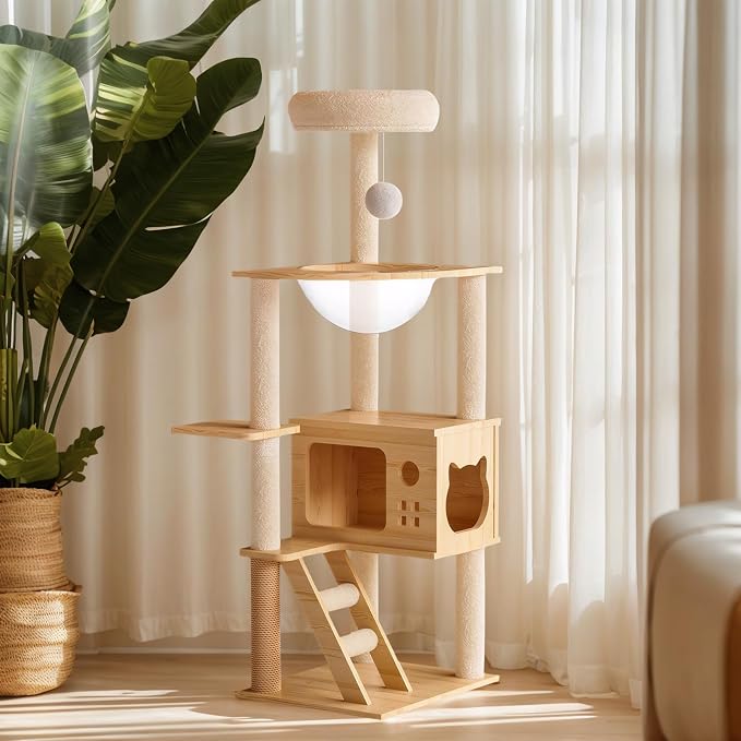 Modern Cat Tower, Wood Cat Tree Tower for Indoor Cats, Cat Tree with Sisal-Covered Scratching Posts and Soft Top Perch, 48.8'' Cat Condo with Acrylic Hammock for Small Large Cats