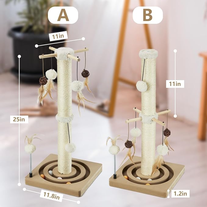 PEEKAB Cat Scratching Post Sisal Scratch Posts for Indoor Cats and Kittens,with Tracking Ball Interactive Toys and Hanging Balls 25 Inches Beige