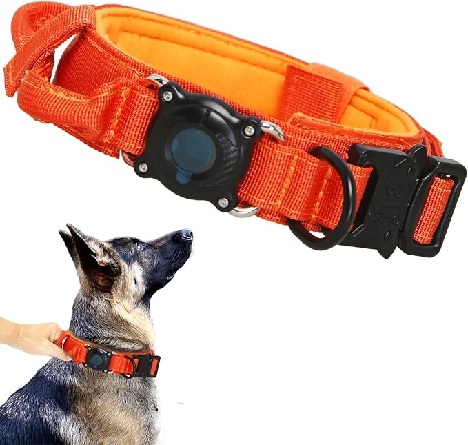 AirTag Dog Collar for Large Dogs Tactical Dog Collar with AirTag Holder | Upgrade Waterproof,Control Handle,Quick-Release Metal Buckle,1000D Nylon Fabric,Soft-Padded Webbing,Velcro Patch(Orange,M)