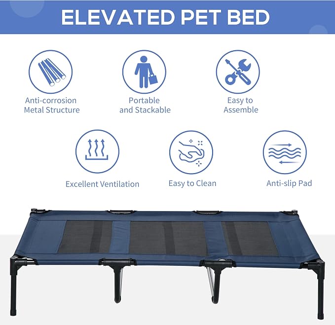 PawHut XL Elevated Dog Bed Outdoor Raised Dog Bed w/Carry Bag Dark Blue | Portable Pet Cot, Metal Frame, Breathable Mesh, Indoor and Outdoor