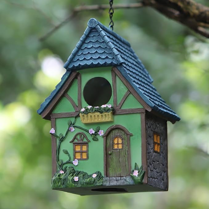 Bird Houses for Outside Cottage Garden Birdhouse –Green Resin Birdhouses for Outdoors with Flower and Stone Details for Bluebird Finches Cardinals Bird Nesting Garden, Patio, Yard
