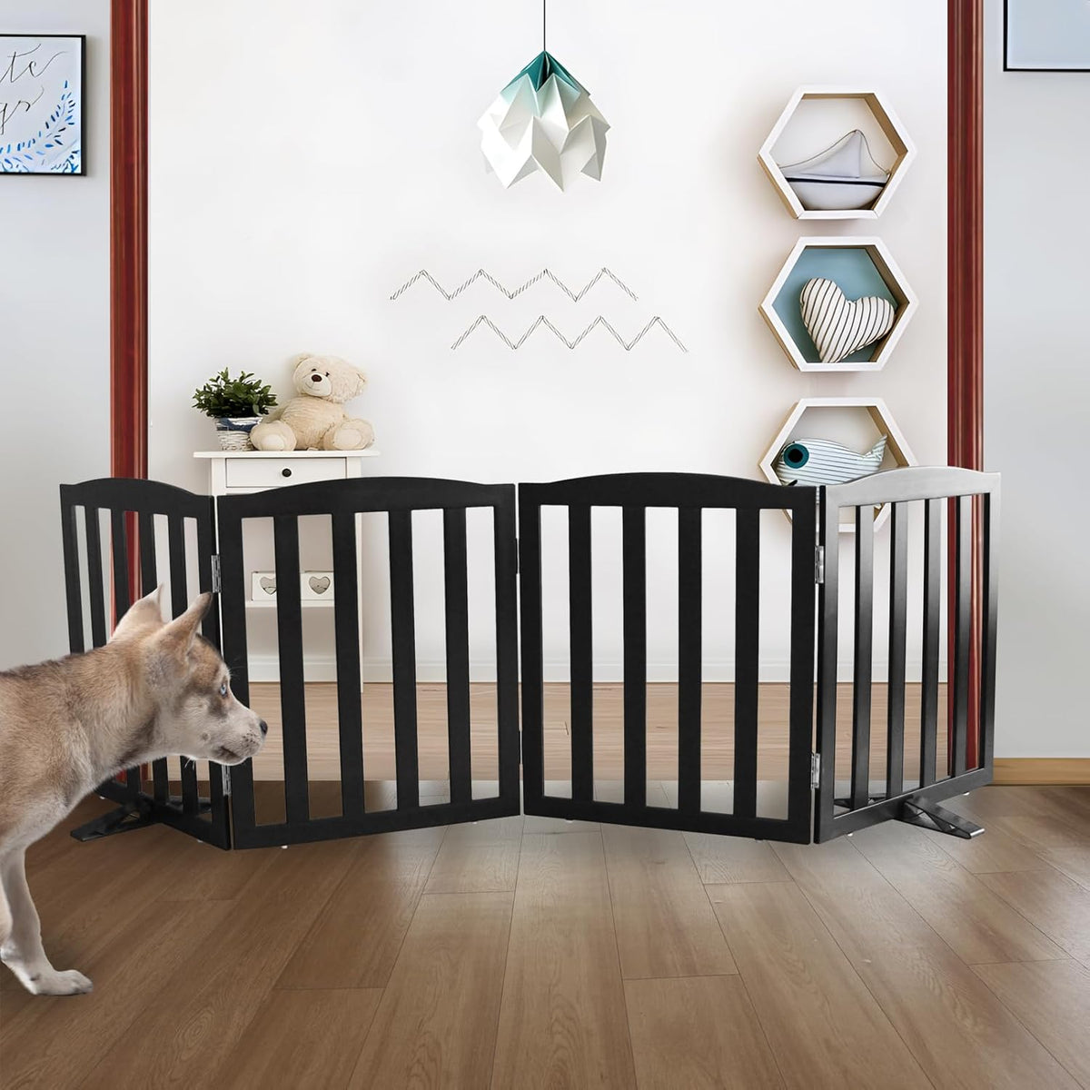 ZJSF Foldable Freestanding Indoor Dog Gate for House Wood Long Pet Gates Dog Fence for Stairs Puppy Gates for Hallways, Puppy Gate,Support Feet Included, Black, 24 "Height-4 Panels