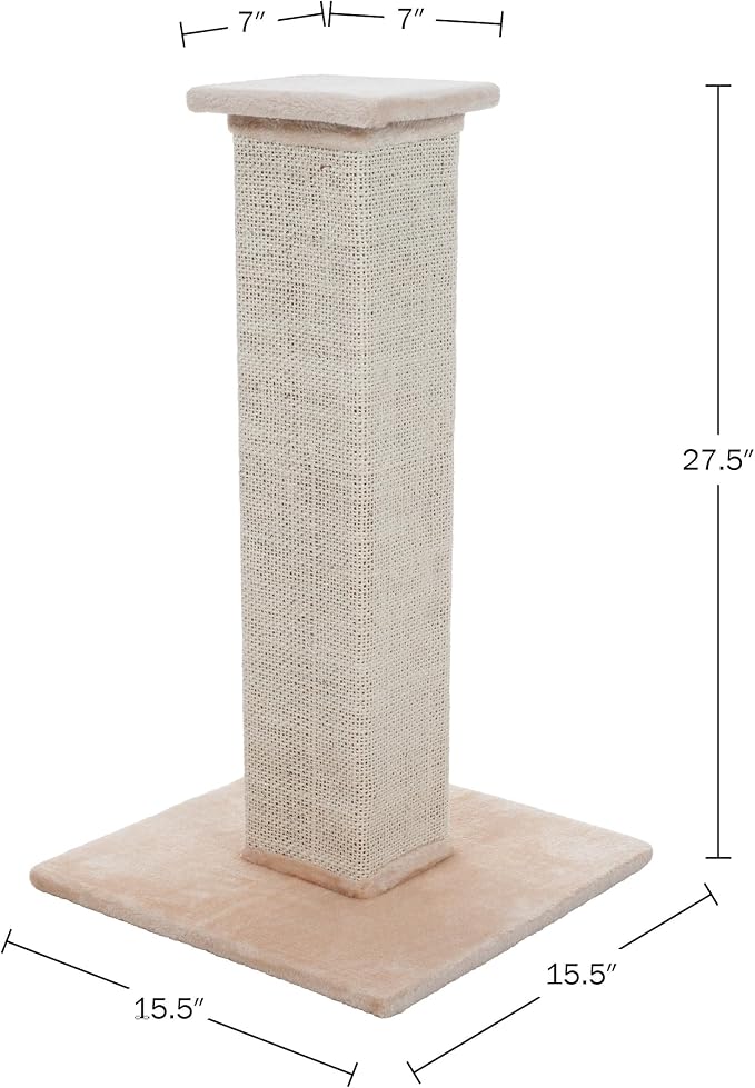 Cat Scratching Post with Carpeted Base - 27.75-Inch Sisal Burlap Fabric Scratcher - Furniture Scratching Deterrent for Indoor Cats by PETMAKER (Beige)