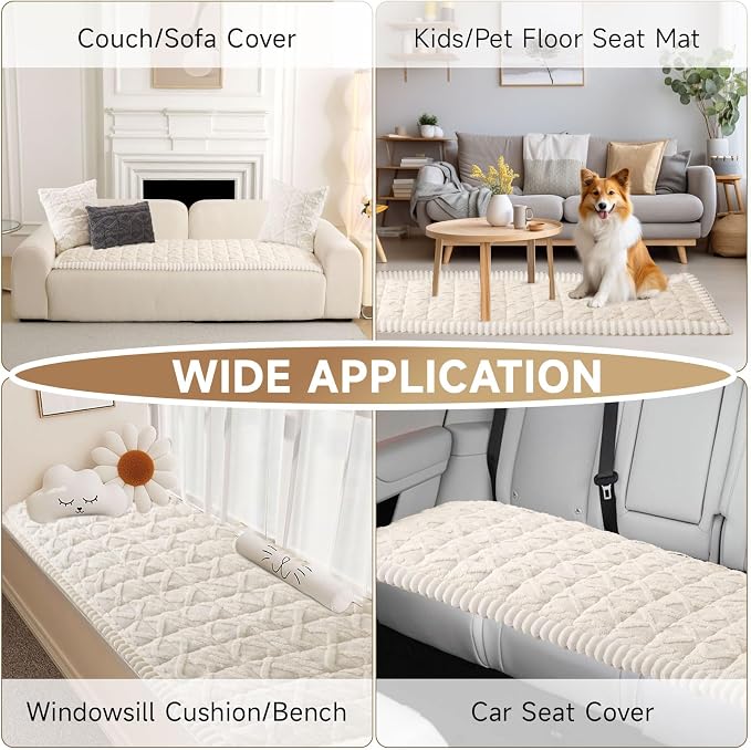 OTOB Couch Cover for Dogs Washable Pet Friendly, Non Slip Plush Fuzzy Love Seat Couch Covers Sofa Slipcovers, Geometric Jacquard Soft Pet Cushion Mat Furniture Protector (Off White, 27.6" x 59.1")