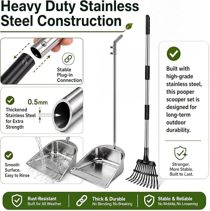 Stainless Steel Dog Pooper Scooper 45in Handle Large Tray Rake | with Heavy DutyV Dog Pooper Scooper for Large Holding Capacity, Rust-Proof Poop Scoop Set for Grass, Concrete and Gravel