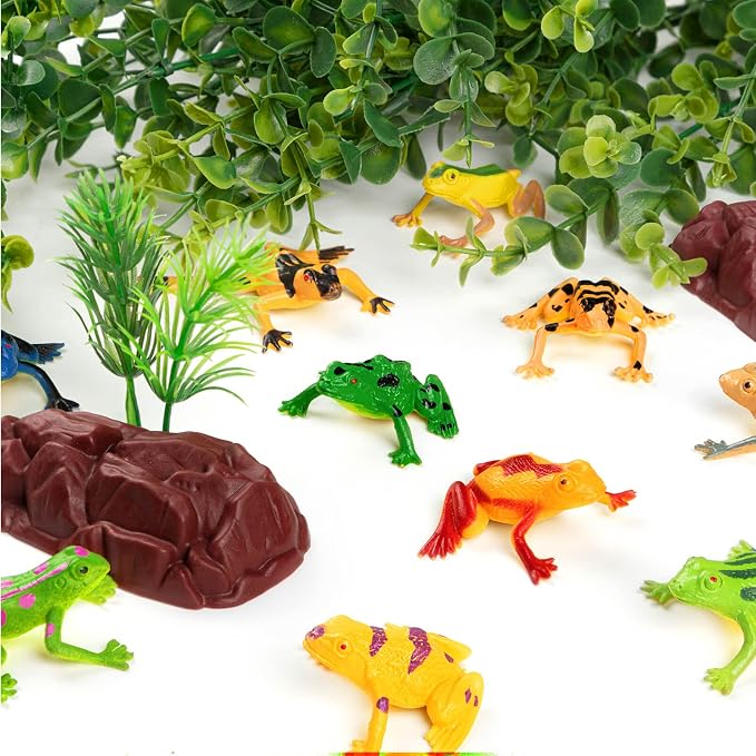 32 Packs Mini Plastic Frog Decor and Artificial Lily Pads, | 12 Colorful Plastic Frogs & 20 Floating Lily Pads, Artificial Pond Plants for Garden Pool Decor Party Favor Classroom