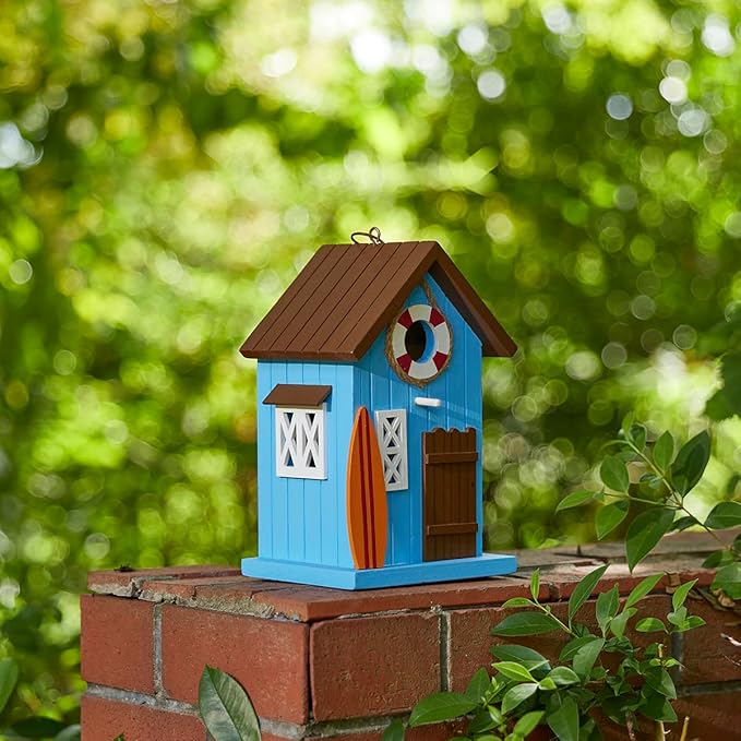 Glitzhome Blue Bird Houses for Outdoors, 10" H Modern Solid Wood Cottage Hand Painted Hanging Bird House Beach Hut Decorative Pet Cottage Outdoor Garden Birdhouse for Wren Finch Cardinals,Blue
